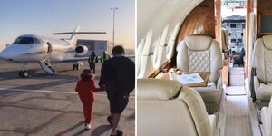 Tanzanian singer Diamond Platnumz and child ready to board jet (left) and the interior of the jet.