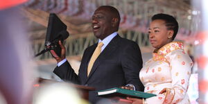 William Rut taking the Oath of Office as the fifth President of Kenya alongside his wife Racheal Ruto on September 13, 2022