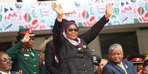 United Republic of Tanzania President Samia Suluhu waving at the crowd at Kasarani Stadium during the Presidential inauguration ceremony on September 13, 2022