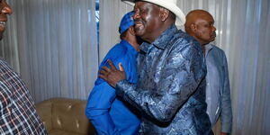 Azimio party leader Raila Odinga hugs Wiper Party Leader  Kalonzo Musyoka moments after jetting into Kenya from South Africa on Monday, January 2023.