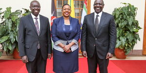 From right to left: President William Ruto, Nominated MP Sabina Chege and Deputy President Rigathi Gachagua pose at State House, Nairobi on Monday, January 23, 2023. 