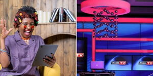 A photo collage of Nyce Wanjeri and Inooro TV studios