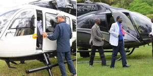 A photo collage of president Wiliam Ruto's chopper(left) and Azimio la Umoja leader Raila Odinga's Chopper(right)