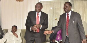 Deputy President William Ruto (left) and former Prime Minister Raila Odinga at the late Kenneth Matiba's home in Limuru in April 2018.