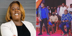 A collage image of Winnie Odinga (left) and the communication expert with former President Uhuru Kenyatta at a past campaign (right).
