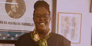 A photo of EALA MP Winnie Odinga posing for a photo at her mother's office in February 21, 2023.
