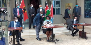 Wiper party leader Kalonzo (Standing in the Back row Centre), pictured at Jubilee Party Headquarters on June 17, 2020.