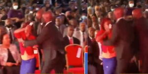 Photo collage of a woman being whisked Away after attempting to dirupt Ruto's speech in Othaya