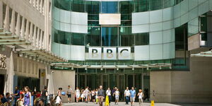 Workers outside BBC headquarters in London 