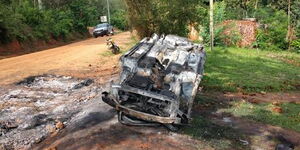Wreckage of a car burnt down by Kilifi residents on Wednesday, July 7, 2021.