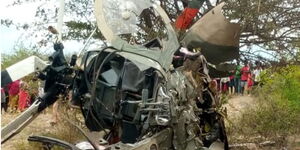 Wreckage of a military helicopter that crashed in Machakos County on Monday, July 13, 2020.