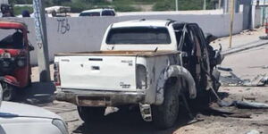 Wreckage of car left after bombing in Somalia.