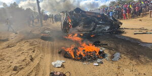 Wreckage of the matatu involved in the accident along the Thika-Garissa highway in Machakos on Friday, July 15, 2022.