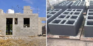 A collage of an unfinished house (left) and hollow concrete blocks (right)