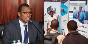  A photo collage of NHIF Acting CEO, Dr. Samson Kuhora appearing before the National Assembly's Committee on Public Petitions  and high school students at an NHIF stand in 2019