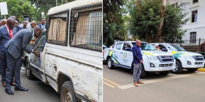 A photo collage of Nairobi Governor Johnson Sakaja inspecting an old county government car (left) on May 16, 2023, and newly launched vehicles at City Hall (right)