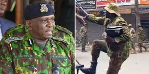 A photo collage of Inspector General of Police Douglas Kanja (left) and an officer entering a police car with four laptops.