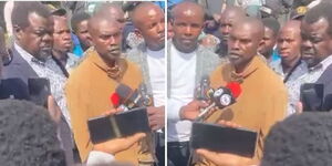 Boniface Kariuki, a 22-year-old hawker shot by police in Nairobi CBD, addresses the press on Wednesday, June 18, 2025.