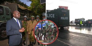 A photo collage of Interior Cabinet Secretary Kipchumba Murkomen (left) and police officers barricading the road leading to parliament.