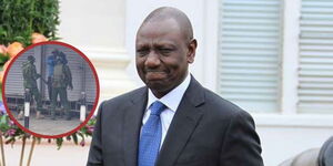 President William Ruto and a photo insert depicting two police officers allegedly assaulting a man believed to be Boniface Kariuki in Nairobi CBD on Tuesday, June 17, 2025.