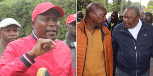 A photo collage of East African Legislative Assembly MP Kanini Kega on April 13, 2023 (left) and President Uhuru Kenyatta and SG Jeremiah Kioni at the new party headquarters on April 2023