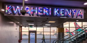 A 'Kwaheri Kenya' sign at the Jomo Kenyatta International Airport (JKIA)