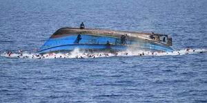 A boat that has capsized on a lake.