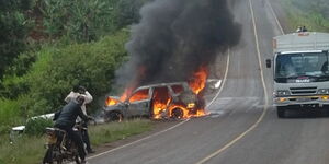 A car burning along the Embu-Meru Highway on April 2, 2024 