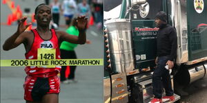 A collage of athlete Charles Kamindo during the 2006 Little Rock Marathon in the US (left) and his with one of his ttrucks in 2020 (right)