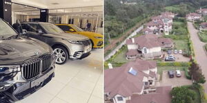 A collage of cars at a showroom in Kenya (left) and houses in Karen (right)