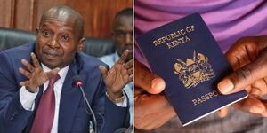 A collage of Interior CS Kithure Kindiki (left) and two people holding a Kenyan passport (right)