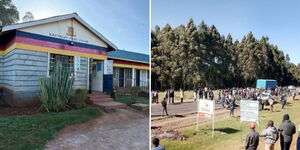A collage of Kaptagat Police Station and residents protesting.