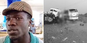 A collage of KU student Felix Onyango (left) and an accident scene in Voi (right)