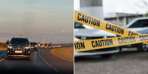 A collage of Land Cruiser Prados (left) and a police caution tape (right)