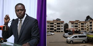 A collage of Nairobi Governor Johnson Sakaja (left) and apartments in Lavington (right)