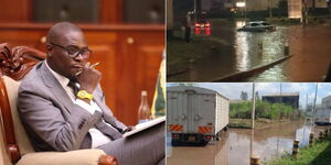 A collage of Nairobi Governor Johnson Sakaja (left) at a meeting and two vehicles stranded in flood water on Sunday March 24, 2024