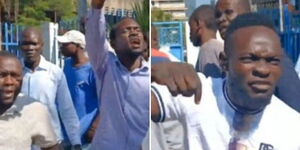 A collage of Protesting workers at the office of Kisumu Governor's office.
