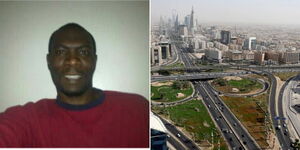 A collage of Stephen Munyakho (left) and an aerial view of Riyadh in Saudi Arabia (right)