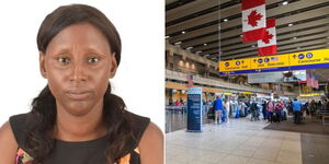 A collage of the late Delphina Wambui (left) an airport in Canada (right)