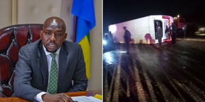 A collage of Transport CS Kipchumba Murkomen at a meeting on March 27, 2024 (left) and an easy coach bus involved in an accident on April 1, 2024 (right)