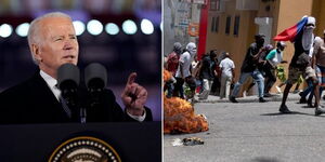 A collage of US President Joe Biden (left) and Haiti residents during a riot (right)