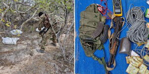 A KDF officer at a camp where IEDs were being made (left) and materials used to manufacture an ID.