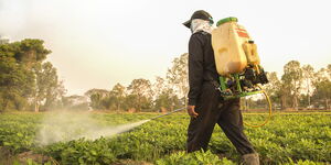 A man spraying pesticides on his farm