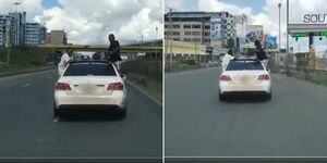 A Mercedes Benz captured on video with hanging passengers along Mombasa Road.