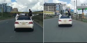 A Mercedes Benz captured on video with hanging passengers along Mombasa Road.