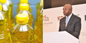 A photo collage of cooking oil on display and Central Bank of Kenya Governor Kamau Thuge during a past event.