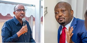 A photo collage of Health Cabinet Secretary Aden Duale and former Senior Presidential Advisor Moses Kuria.