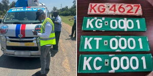 A photo collage of National Transport and Safety Authority officers during an inspection and the KD green plates on display.