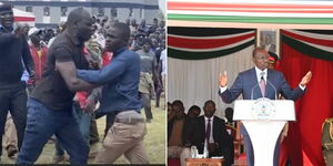 A photo collage of plain clothed police officers trying to calm chaotic youths in Migori on Jamhuri Day and President William Ruto during a past event.