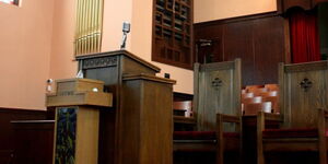 A podium inside a church.